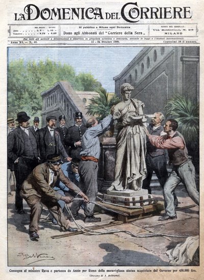 Une statue achetée par le gouvernement pour 450 mille lires est apportée à Rome et livrée au ministre Rava. Ill. de Beltrame. La Domenica del Corriere. 10/1909. - Achille Beltrame