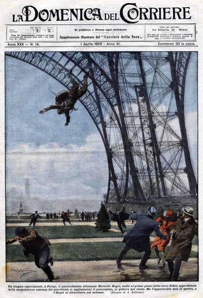Une expérience tragique : le parachutiste amateur Marcel Haget a sauté du sol de la tour Eiffel, profitant de l