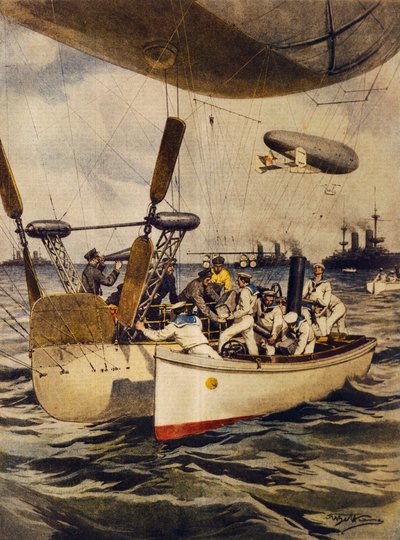 Dirigeables ravitaillant des cuirassés pendant leur voyage, illustration par Achille Beltrame, La Domenica del Corriere, 5 mai 1910 - Achille Beltrame