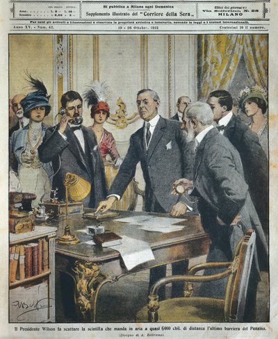 Le président américain Woodrow Wilson déclenche la détonation télégraphiquement qui a démoli la dernière barrière du canal de Panama à 6000 kilomètres de distance, illustration - Achille Beltrame
