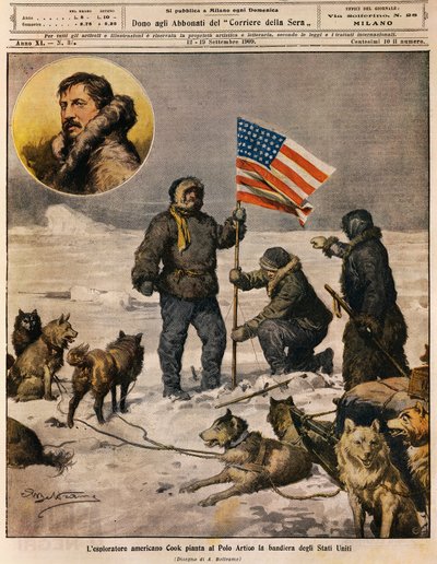 Explorateur américain Cook plantant le drapeau américain au pôle Nord - Achille Beltrame