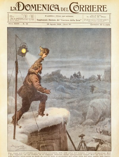 Explorateur américain, Richard E Byrd, rejoint par des compagnons en Antarctique après avoir été seul pendant cinq mois, illustration d