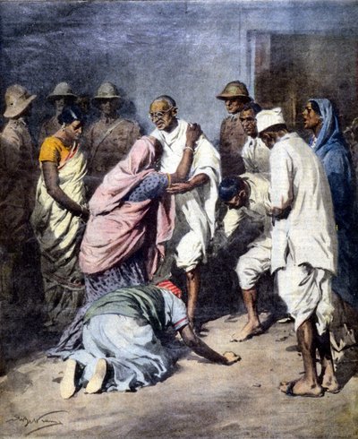 Arrestation de Mahatma Gandhi (1869 - 1948). Ill. de Achille Beltrame. La Domenica del Corriere. 1932 - Achille Beltrame