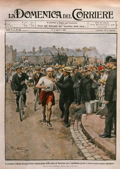 Arrivée de Dorando Pietri (1885-1942) au marathon, Jeux olympiques de Londres, illustration par Achille Beltrame de La Domenica del Corriere, 2-9 août - Achille Beltrame