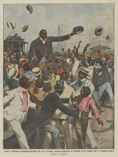 Arrivée à Chicago et accueil triomphal du noir Johnson, vainqueur du combat de boxe - Achille Beltrame