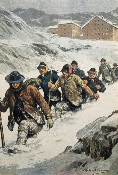 Travailleurs italiens traversant le col du Grand-Saint-Bernard entre Aoste et la Suisse. Couverture de « La Domenica del Corriere ». 14/02/1904 - Achille Beltrame