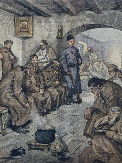 BELTRAME, Achille (1871-1945). Prisonniers russes en grève de la faim pour la liberté de leurs compagnons tuberculeux. Illustration de A. Beltrame, La Domenica del Corriere, 19 juin - Achille Beltrame