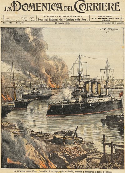 Cuirassé Potemkine bombardant Odessa, par Achille Beltrame, illustration, Illustrateur Achille Beltrame, de La Domenica del Corriere - Achille Beltrame