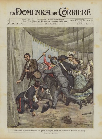 Carabiniers et gardes champêtres aux prises avec des gitans dans une baraque à Mortizza (Plaisance) - Achille Beltrame