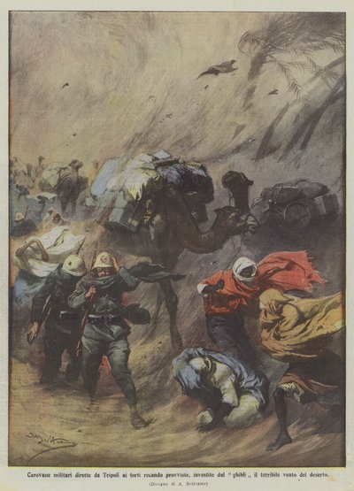 Caravanes militaires en route de Tripoli aux forts apportant des provisions, frappées par le ghibli, le terrible vent du désert - Achille Beltrame