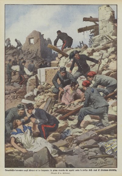 Catastrophique tremblement de terre dans les Abruzzes et en Campanie, les premières recherches des enterrés sous les ruines - Achille Beltrame