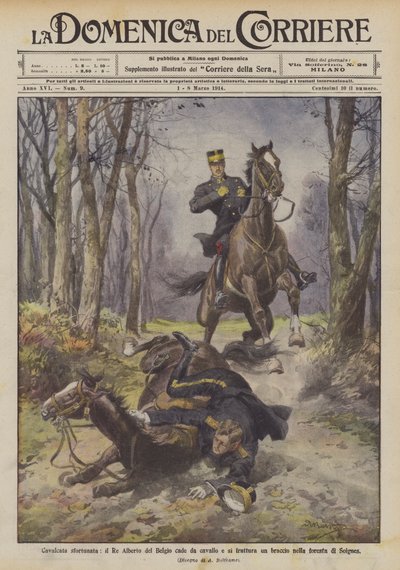 Cavalcade malheureuse, le roi Albert de Belgique tombe de cheval et se fracture un bras dans la forêt de Soignes - Achille Beltrame
