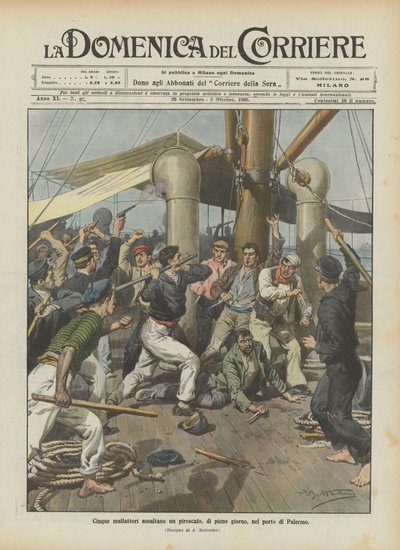 Cinq malfaiteurs attaquent un paquebot en plein jour dans le port de Palerme - Achille Beltrame
