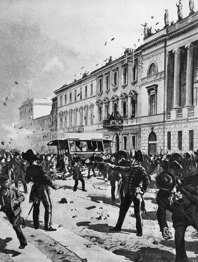 Affrontement entre manifestants et police à Milan, Corso Venezia, devant le Palazzo Saporiti, 7 mai - Achille Beltrame