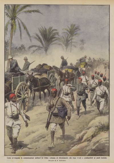 Comment se font les communications militaires en Libye, colonne de ravitaillement apportant des vivres - Achille Beltrame