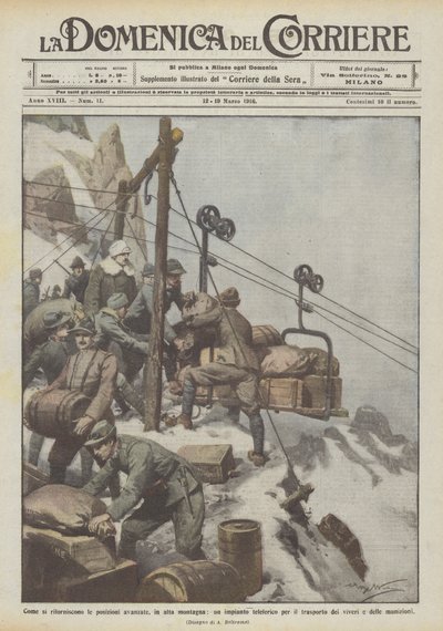 Comment les positions avancées sont ravitaillées, en haute montagne, une installation de téléphérique - Achille Beltrame