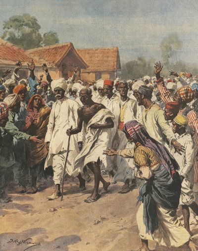 Illustration de Gandhi et quatre-vingts martyrs se dirigeant vers la saline de Jalalpur - Achille Beltrame
