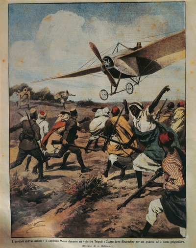Illustration de couverture du capitaine Moizo tentant un atterrissage forcé pendant la campagne africaine, par Achille Beltrame, de La Domenica del Corriere, 22 septembre 1912 - Achille Beltrame
