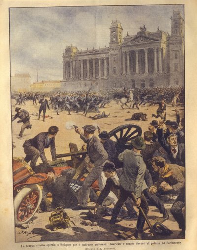Illustration de couverture des combats sur la place du Parlement pendant la rébellion de Budapest - Achille Beltrame