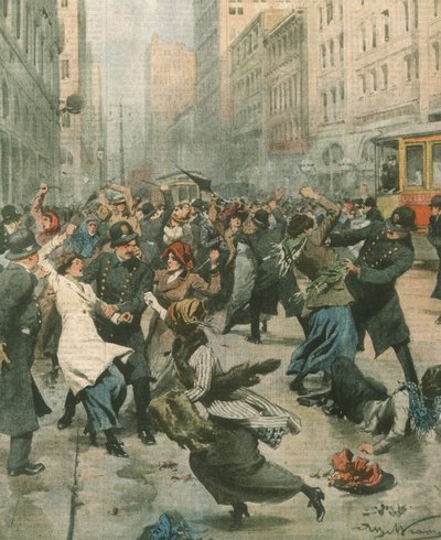 Illustration de couverture des femmes protestant contre le chômage dans la rue ; New York, USA - Achille Beltrame