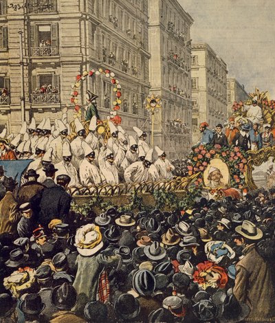 Foules pendant le carnaval à Naples, par Achille Beltrame, illustration, Illustrateur Achille Beltrame (1871-1945), de La Domenica del Corriere, 31 janvier 1904 - Achille Beltrame