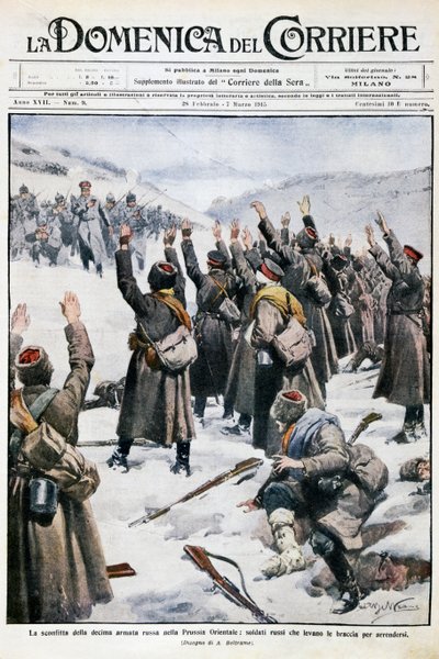 Défaite de la dixième armée russe en Prusse orientale : soldats russes levant les bras en signe de reddition, planche par Achille Beltrame de La Domenica del Corriere, 28 février-7 mars 1915 - Achille Beltrame