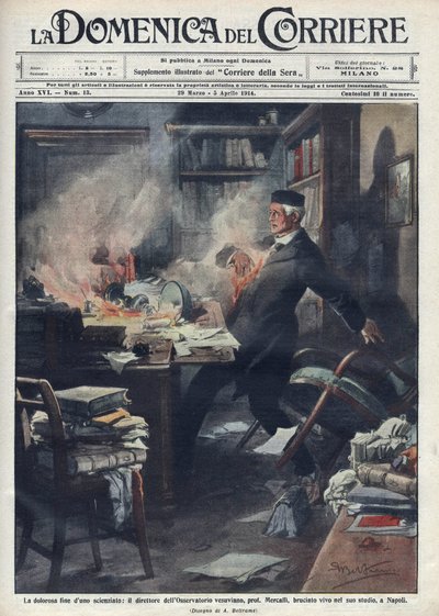 Mort dans son laboratoire à Naples par Giuseppe Mercalli (1850-1914), sismologue et volcanologue italien. Illustration par Achille Beltrame pour « La domenica del corriere ». 1914 - Achille Beltrame