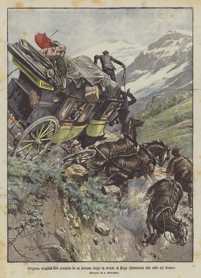 Diligence suisse qui tombe dans un ravin le long de la route de Brigue (Simplon) à la vallée du Rhône - Achille Beltrame