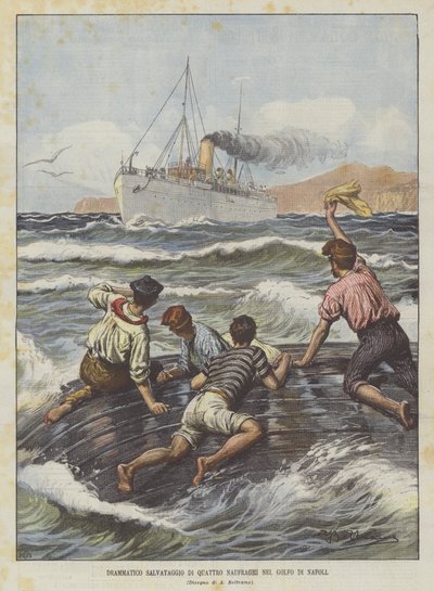 Dramatique sauvetage de quatre naufragés dans le golfe de Naples - Achille Beltrame