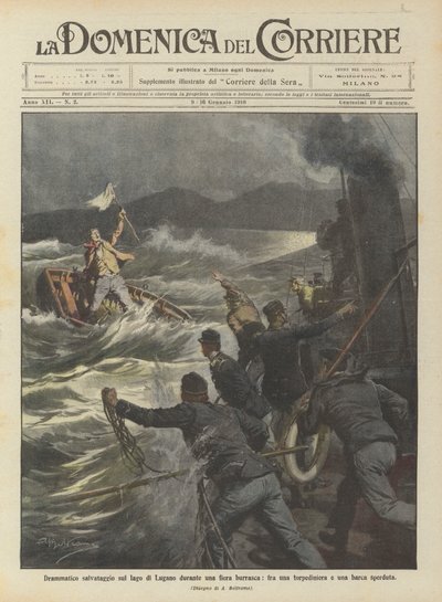 Sauvetage dramatique sur le lac de Lugano pendant une tempête entre un torpilleur et un bateau perdu - Achille Beltrame