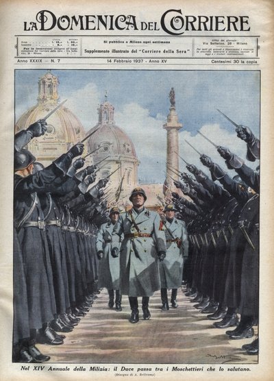 Le duc Benito Mussolini passe en revue les "moschettieri" de la Milice Volontaire pour la Sécurité Nationale à Rome. Illustration d