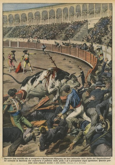 Pendant une corrida à Saragosse (Espagne), un taureau enragé par les blessures des ? - Achille Beltrame