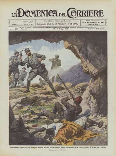 Duel émouvant entre un officier italien et un turc, ce dernier, blessé, implorant la pitié tente - Achille Beltrame