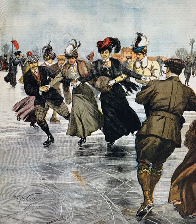 Passetemps en vogue, patinage sur glace, illustration par Achille Beltrame, de La Domenica del Corriere, 27 janvier - Achille Beltrame