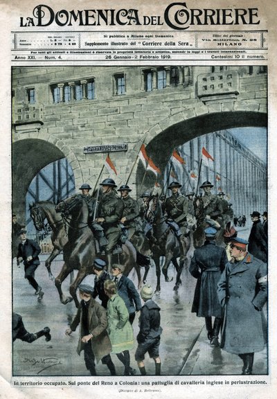Présence anglaise en Allemagne : troupes militaires sur un pont du Rhin à Cologne. Illustration de Beltrame. La Domenica del Corriere. 01/1919 - Achille Beltrame