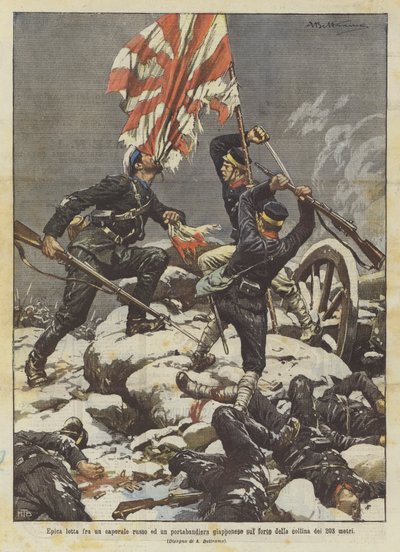 Lutte épique entre un caporal russe et un porte-drapeau japonais sur le fort de la colline des 203 mètres - Achille Beltrame