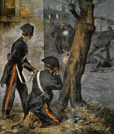 Épisode de la mafia sicilienne, conflit entre la police et les mafieux à Trapani de La Domenica del Corriere, 31 décembre - Achille Beltrame