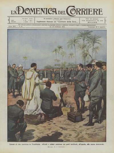 Épisodes de vie guerrière en Tripolitaine, officiers et soldats assistent dans les postes fortifiés - Achille Beltrame