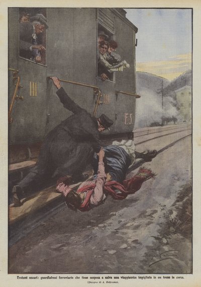 Héroïsmes obscurs, garde-frein ferroviaire qui tient suspendue et sauve une voyageuse accrochée à un train en marche - Achille Beltrame