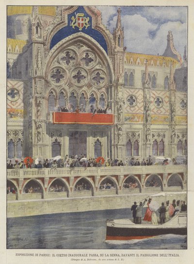 Exposition de Paris, le cortège inaugural passe, sur la Seine, devant le pavillon de l