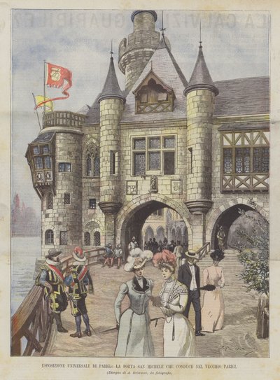 Exposition universelle de Paris, la porte Saint-Michel qui conduit dans le vieux Paris - Achille Beltrame