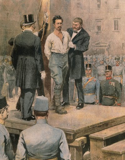 Exécution de Cesare Battisti à Trente, par Achille Beltrame, illustration, de La Domenica del Corriere, juillet 1916 - Achille Beltrame