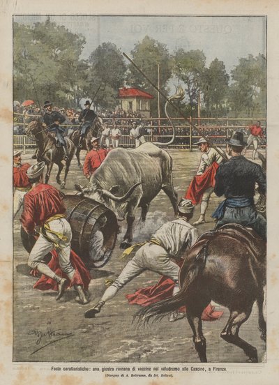 Fêtes caractéristiques, une joute romaine de vaches au vélodrome des Cascine, à Florence - Achille Beltrame