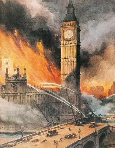Incendie au Palais de Westminster, Londres, après un bombardement allemand, illustration de 