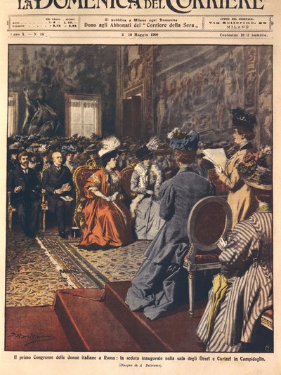 Premier congrès des femmes italiennes au Capitole, Rome, illustration par Achille Beltrame de La Domenica del Corriere, 3 mai - Achille Beltrame