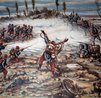 Première Guerre mondiale (1914-1918) : une bataille entre les forces armées françaises et allemandes entre Altkirch et Mulhouse le 21/08/1914. Illustration par Achille Beltrame (1871-1945). Collection privée - Achille Beltrame
