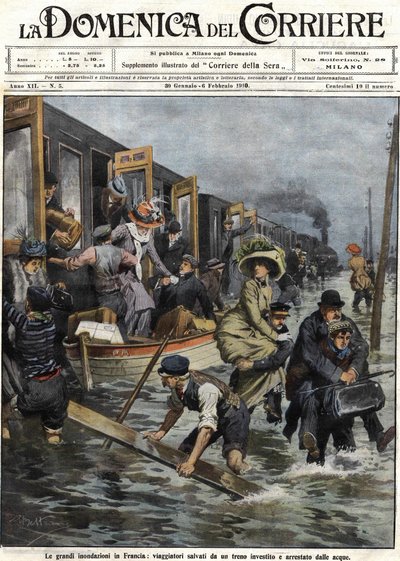 Inondations autour de Paris en janvier 1910 couverture de la "Domenica del Corriere" du 6 février - Achille Beltrame