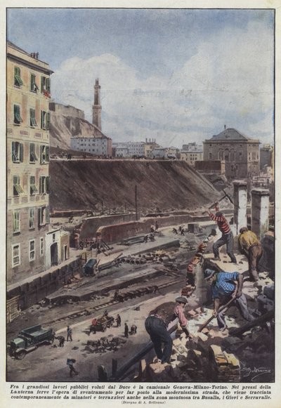 Parmi les grands travaux publics voulus par le Duce, la route de camionnage Gênes-Milan-Turin - Achille Beltrame