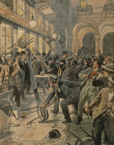Grève générale des travailleurs à Milan, Émeutes dans la Galleria Vittorio Emanuele II, par Achille Beltrame, illustration, Illustrateur Achille Beltrame, de La Domenica del Corriere - Achille Beltrame