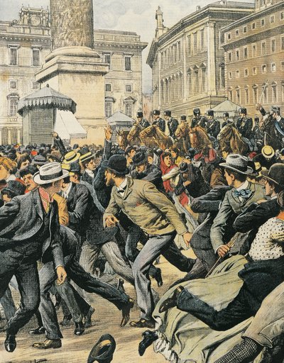 Grève générale des travailleurs à Rome, par Achille Beltrame, illustration, Illustrateur Achille Beltrame, de La Domenica del Corriere - Achille Beltrame